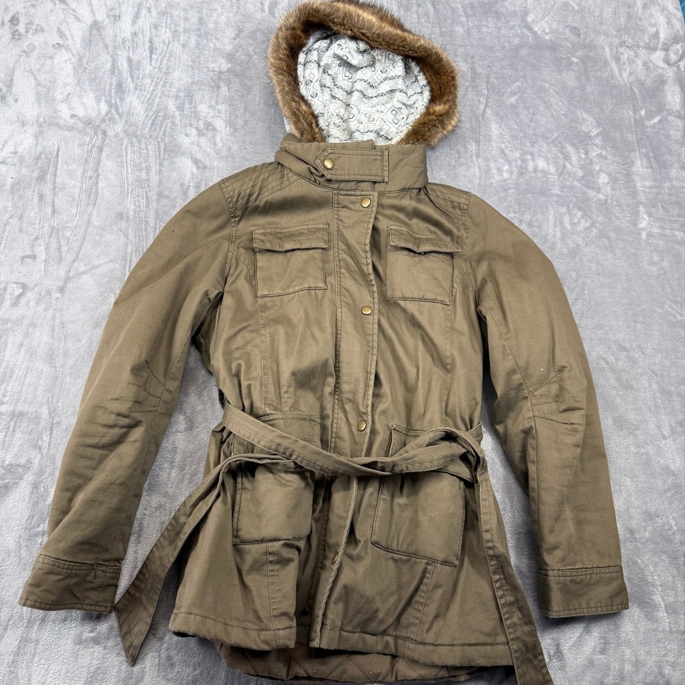 BKE Outerwear Hooded Parka Jacket Women's Size L Brown Faux Fur Trim Belted